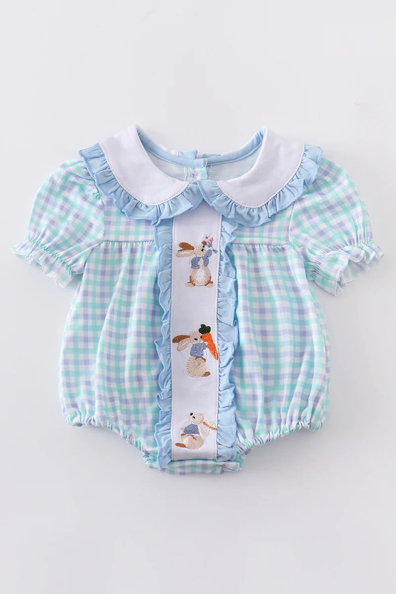 Blue Plaid Bubble with Adorable Embroidered Bunnies