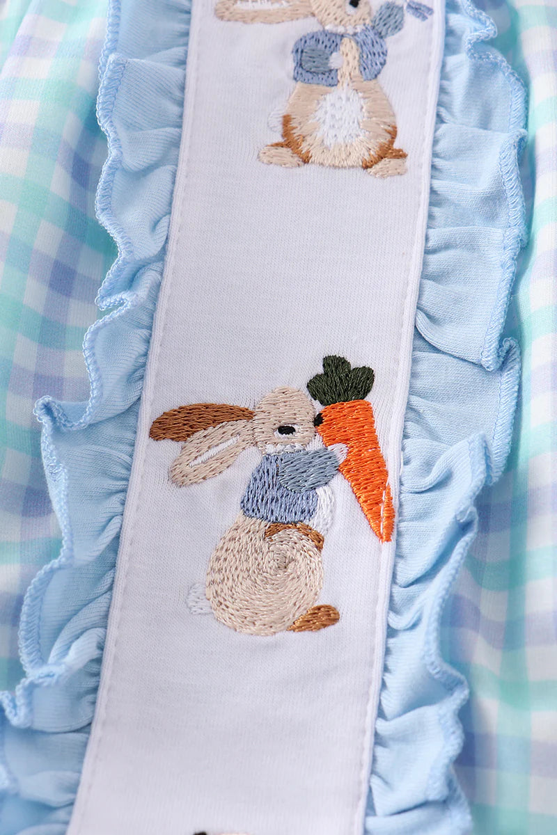 Blue Plaid Bubble with Adorable Embroidered Bunnies