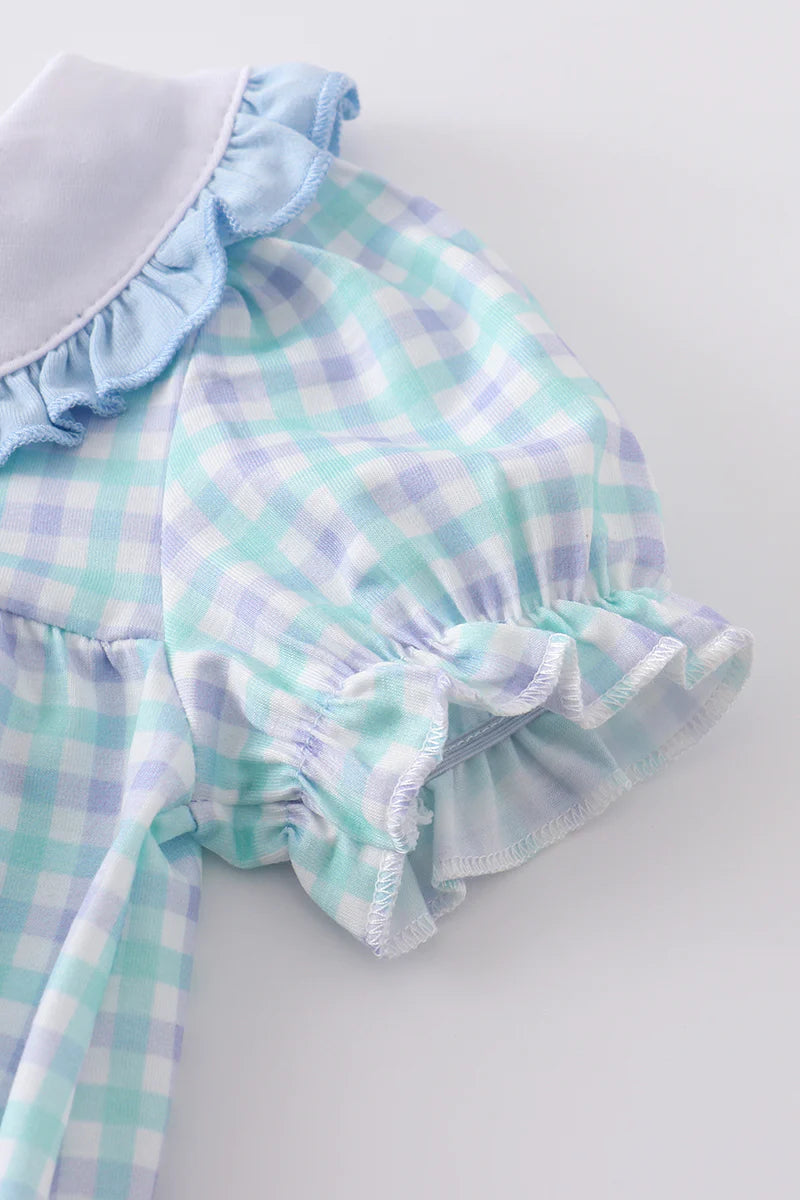 Blue Plaid Bubble with Adorable Embroidered Bunnies