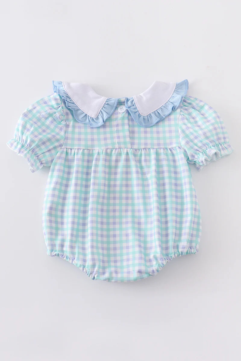 Blue Plaid Bubble with Adorable Embroidered Bunnies