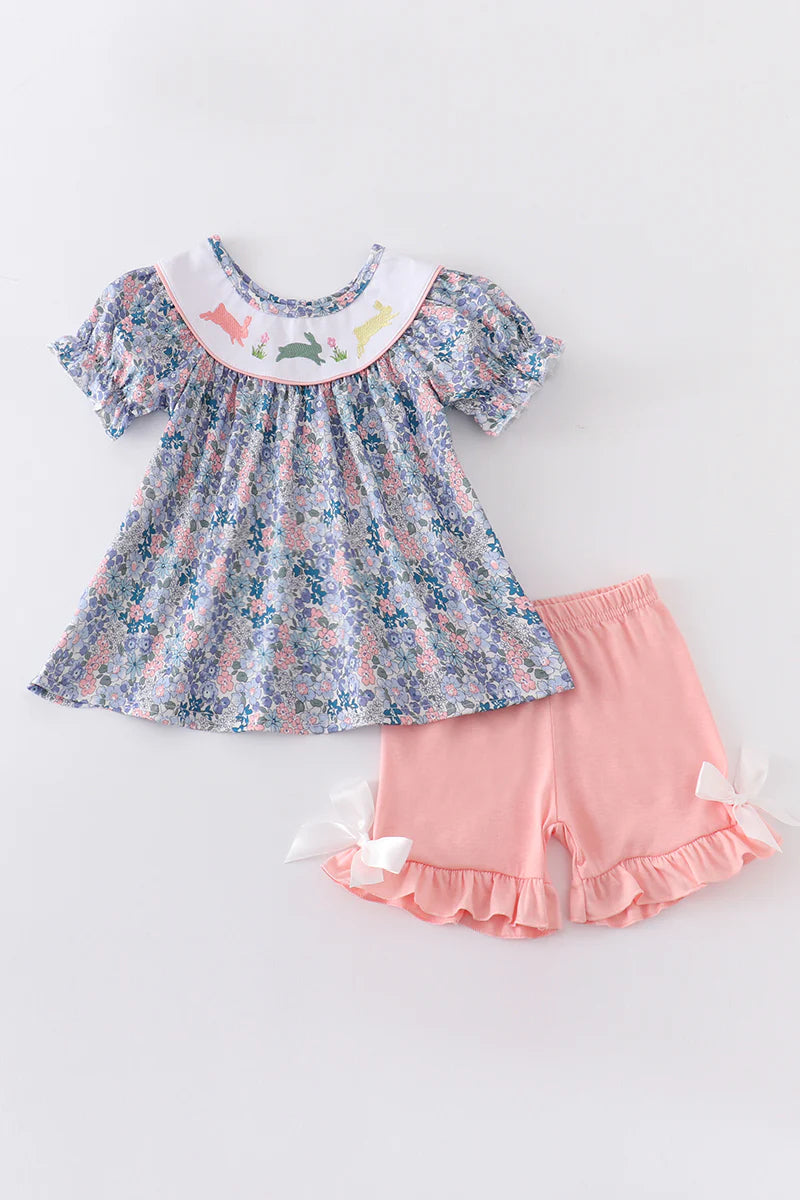 Floral Print with Hopping Bunnies Ruffle Short Set