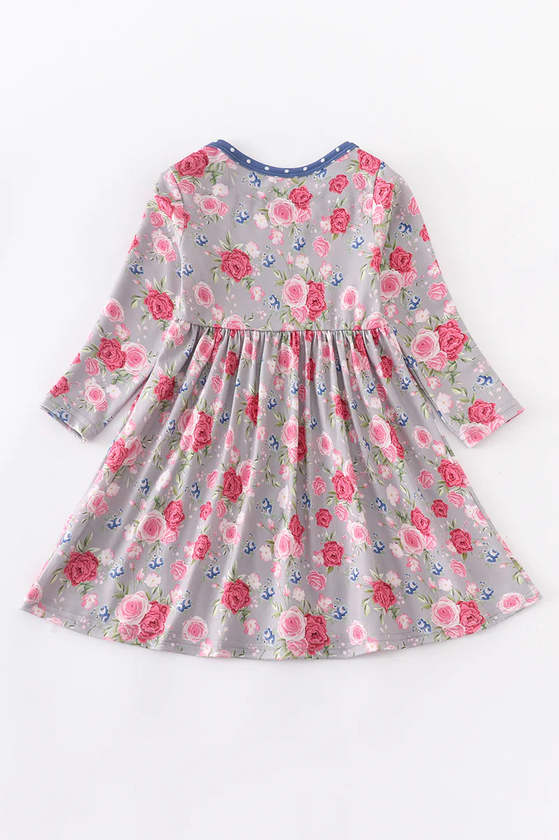 Pink Floral Dress with Polkadots and Pockets