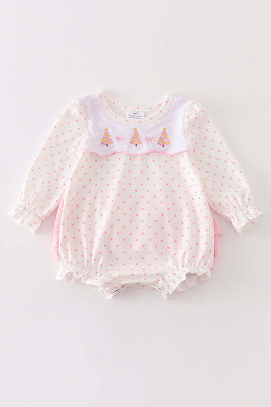 Pink Polka Dot Christmas Tree Ruffle Romper