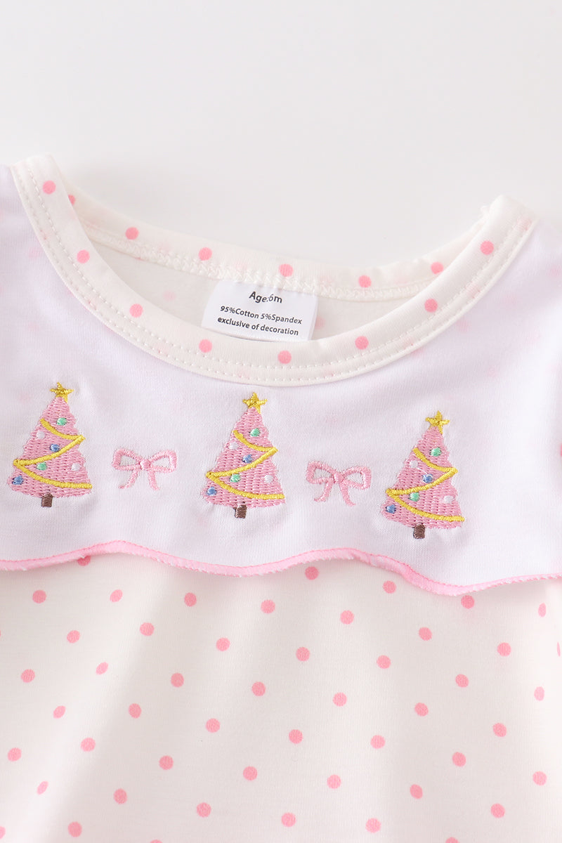 Pink Polka Dot Christmas Tree Ruffle Romper