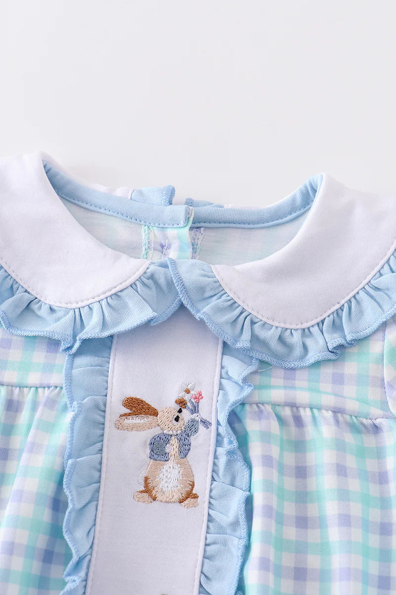 Blue Plaid Bubble with Adorable Embroidered Bunnies