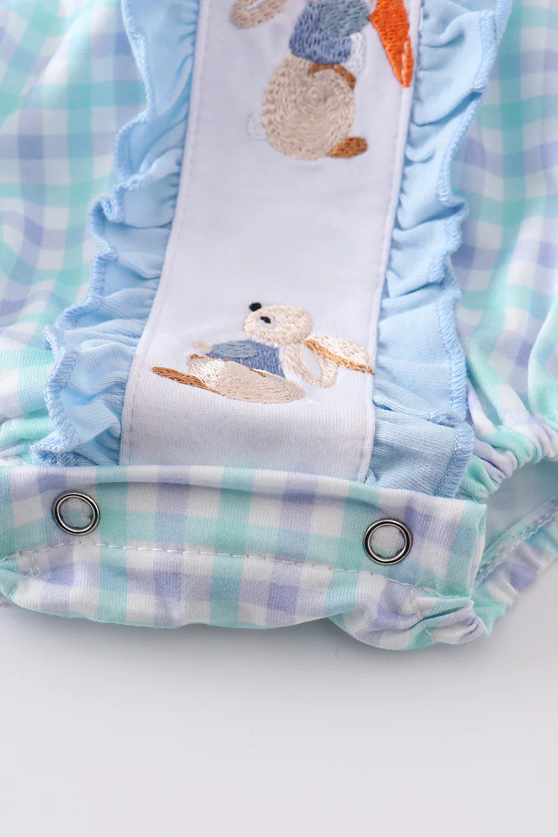 Blue Plaid Bubble with Adorable Embroidered Bunnies