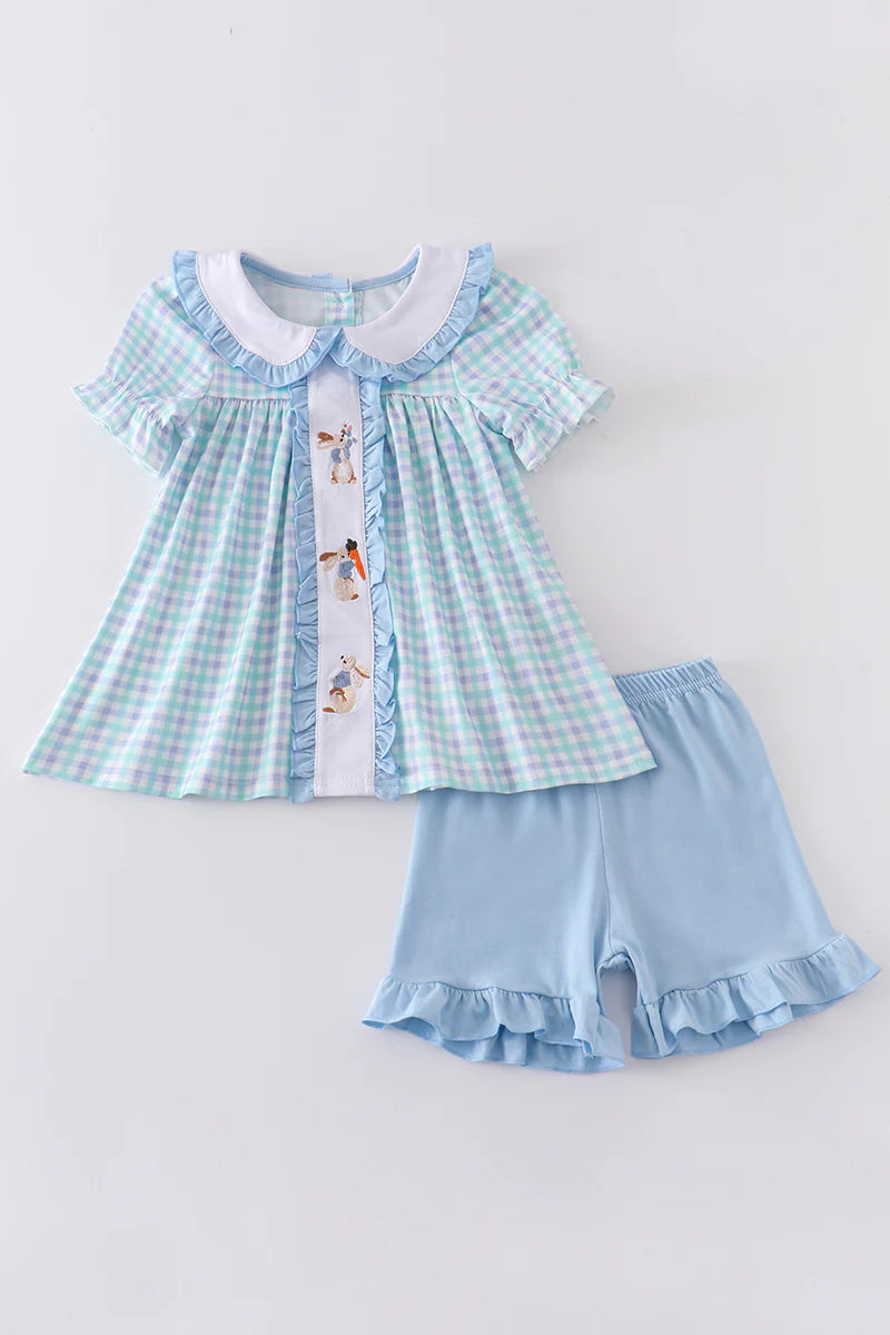 Blue Plaid Short Set with Adorable Bunnies