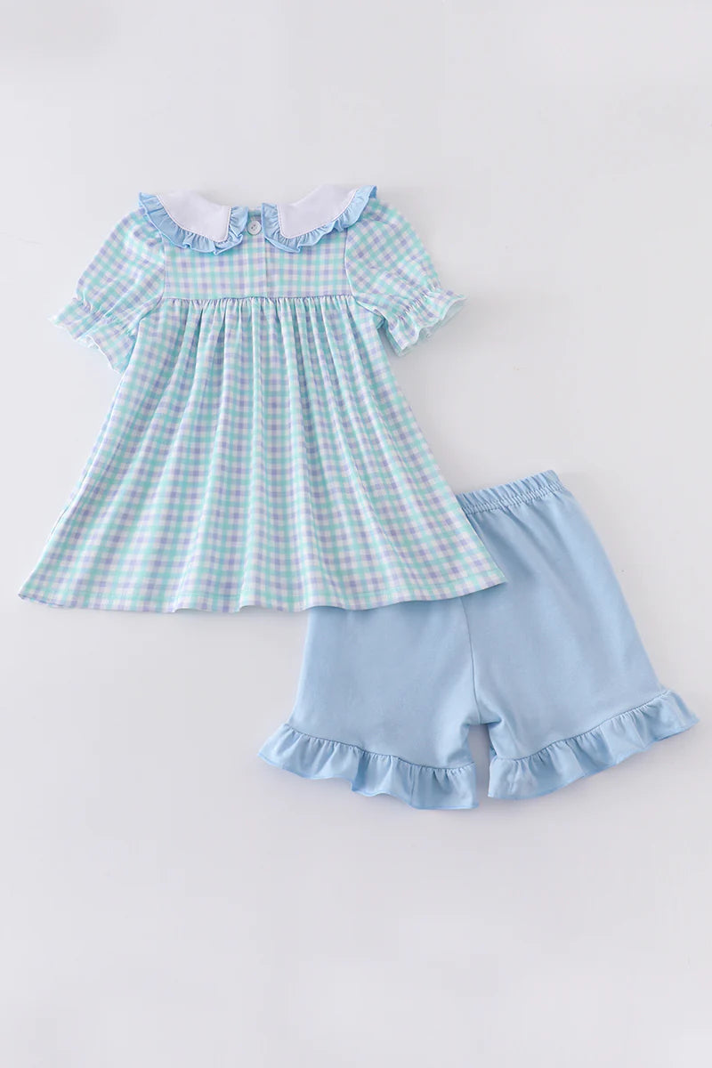 Blue Plaid Short Set with Adorable Bunnies