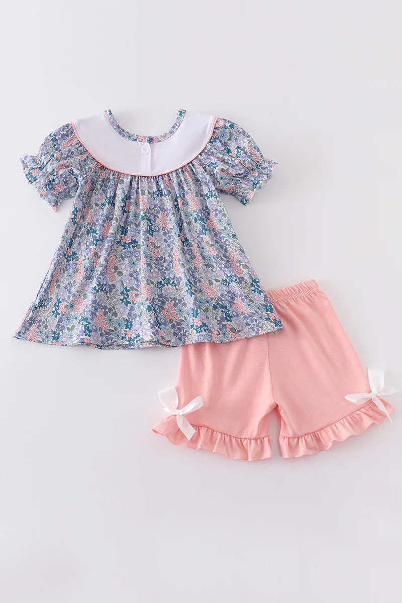 Floral Print with Hopping Bunnies Ruffle Short Set