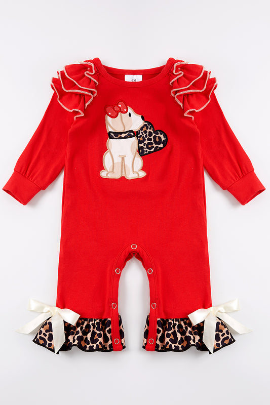 Puppy Dog with Leopard Heart Ruffle Romper
