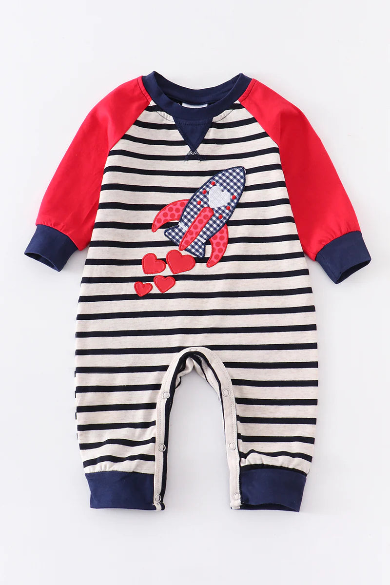 Striped Rocket with Hearts Applique Romper