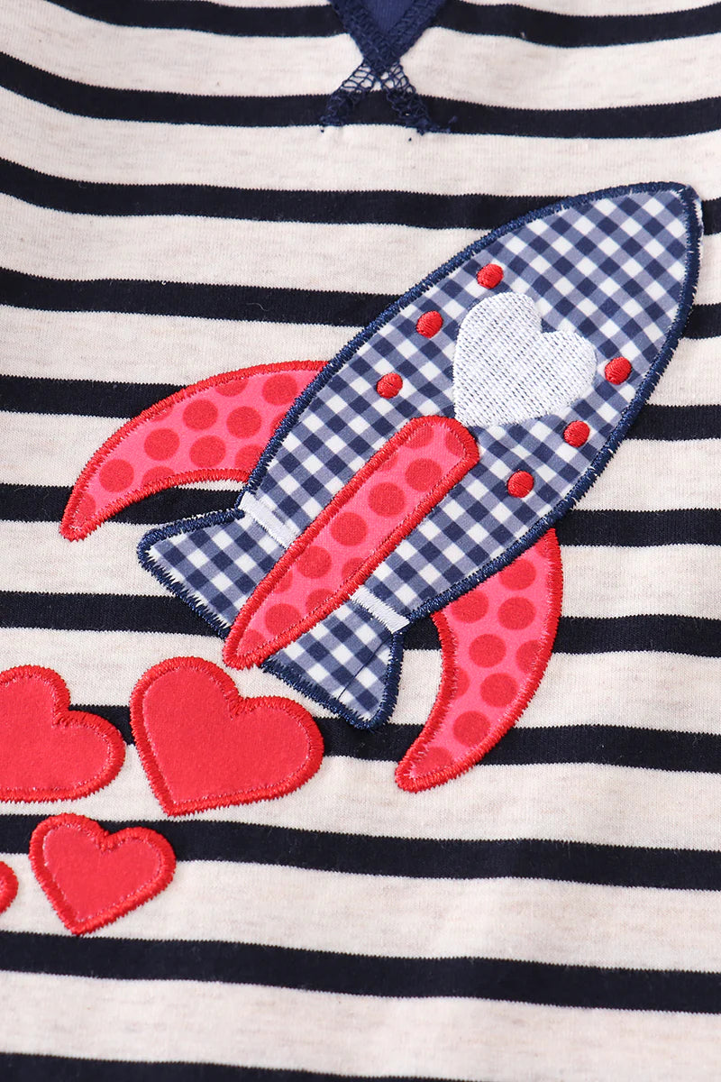 Striped Rocket with Hearts Applique Romper
