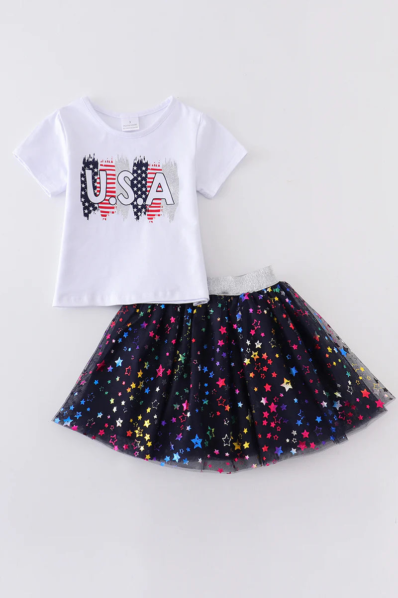 White USA Shirt with Sparkly Skirt
