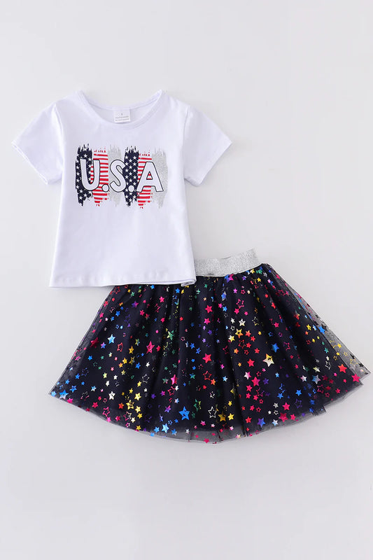 White USA Shirt with Sparkly Skirt